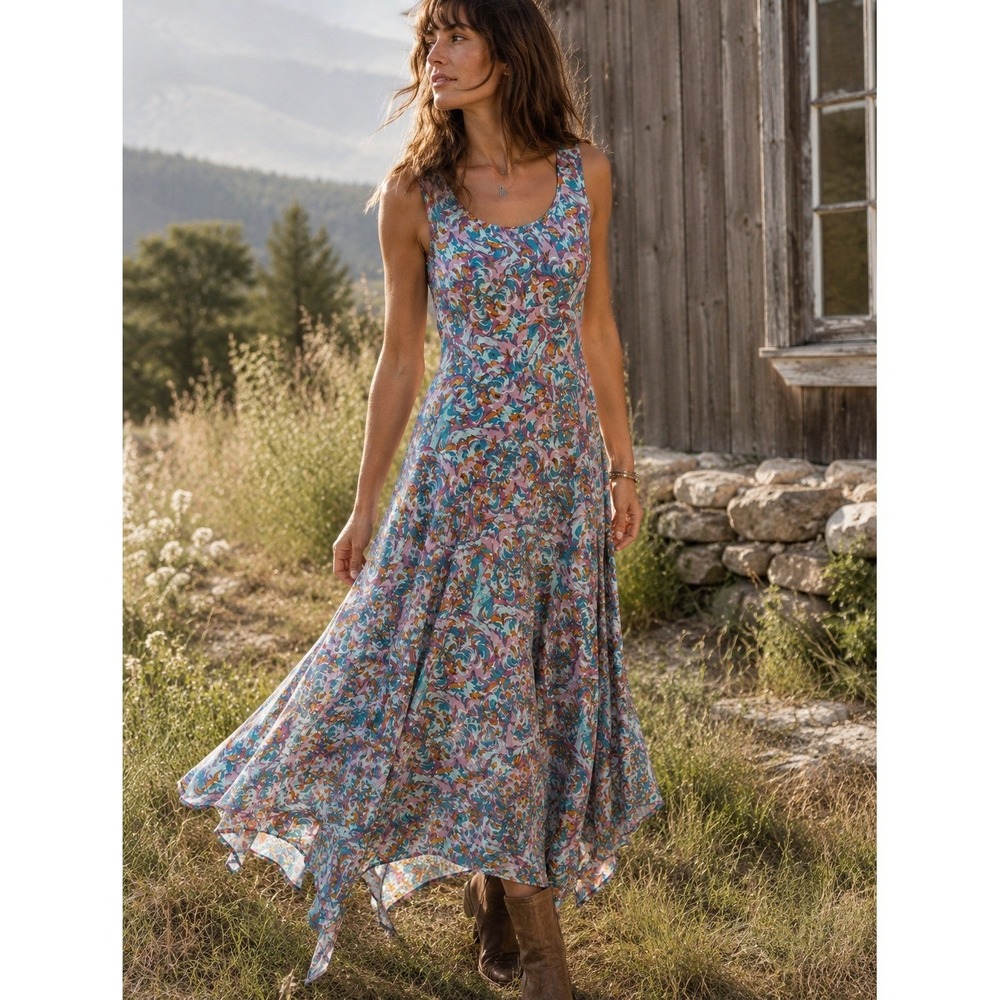 NWT Sundance Salma Dress Abstract Floral Rayon Fit Flare Midi Maxi Multicolor 8